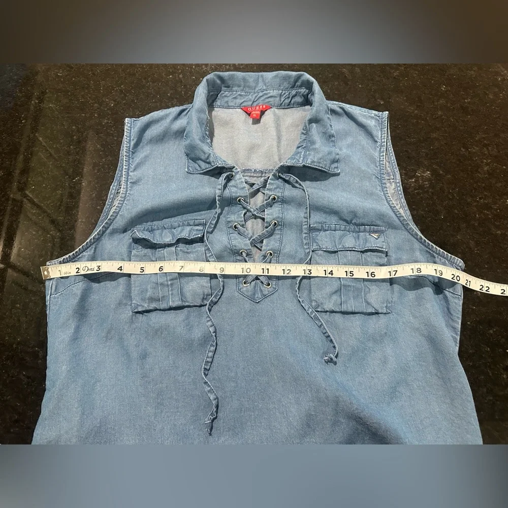 Guess Sleeveless Denim chambray dress lace up bodice with Belt Sz Xl western - Picture 8 of 9